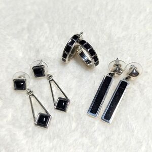 Vintage Silvertone & Black Pierced Earrings  - Total 3 pair